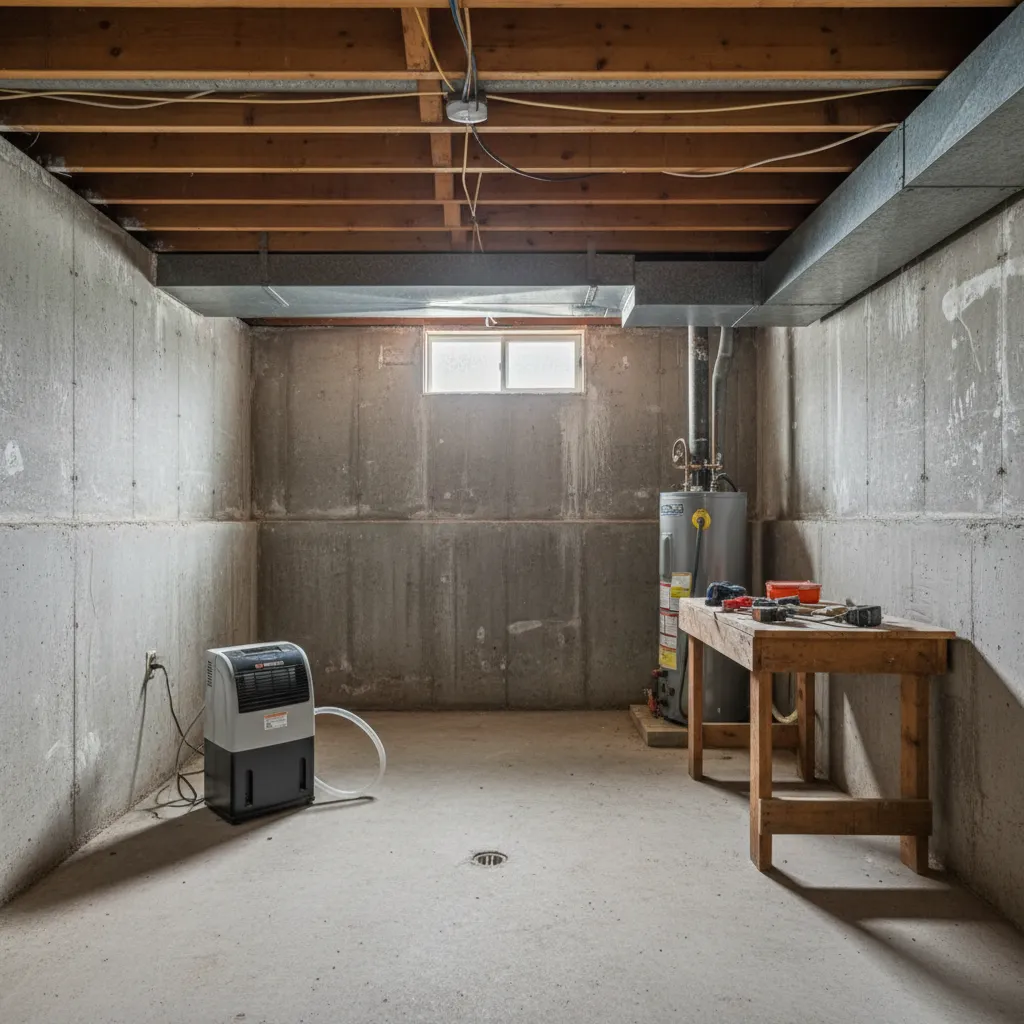 Basement wall with moisture stains and efflorescence in a ranch house