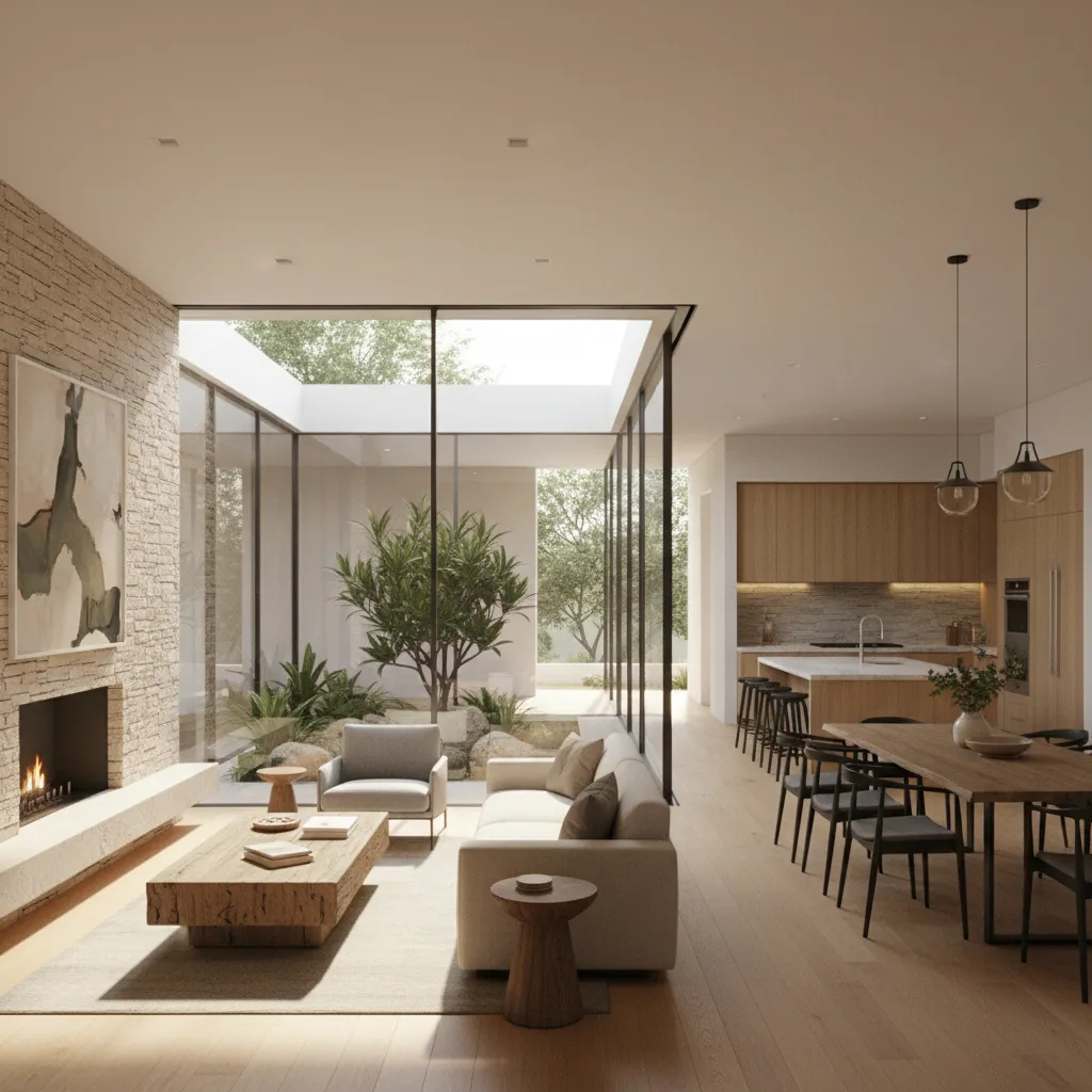 modern ranch home interior with courtyard bringing natural light into central living area