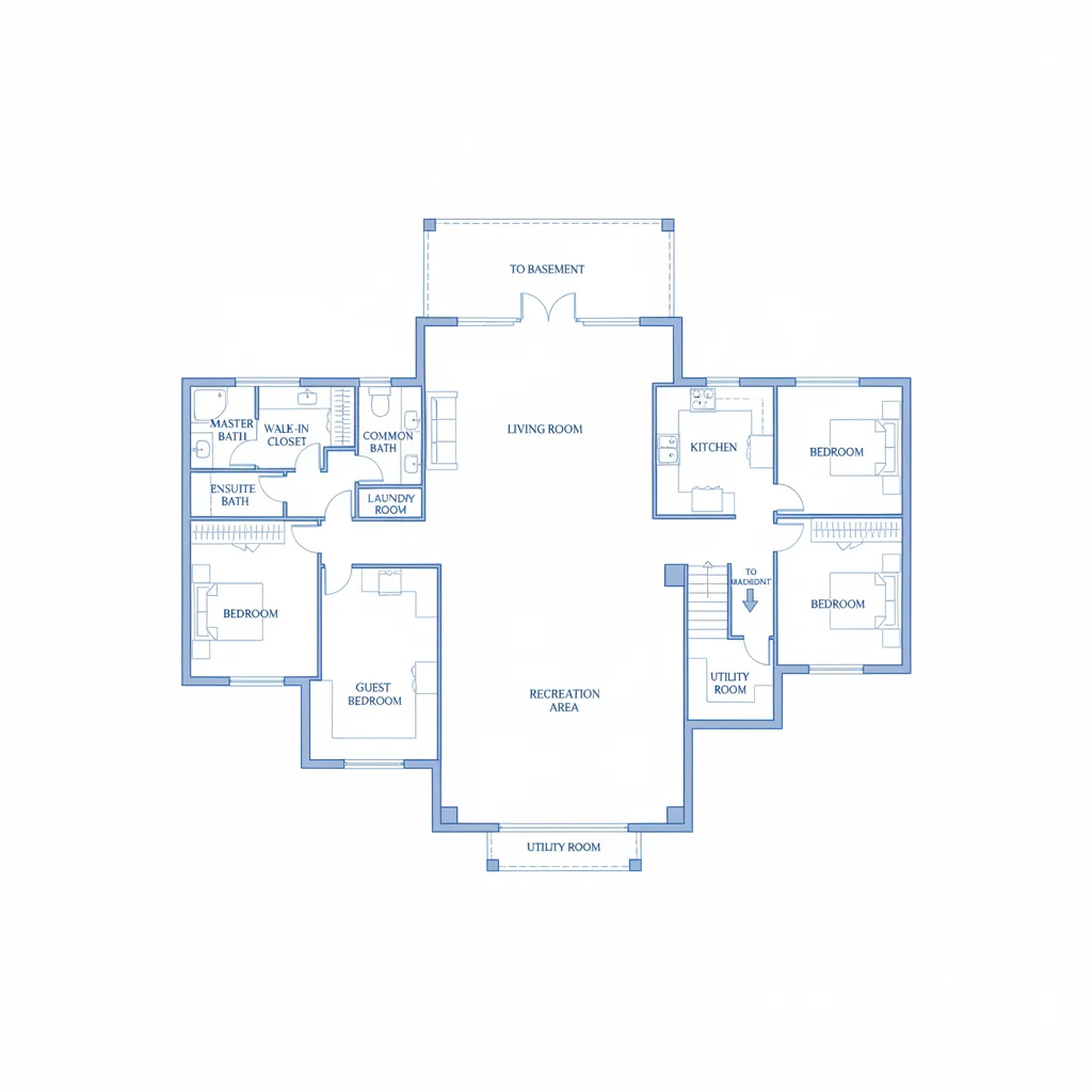 ranch house floor plan showing main level and basement layout