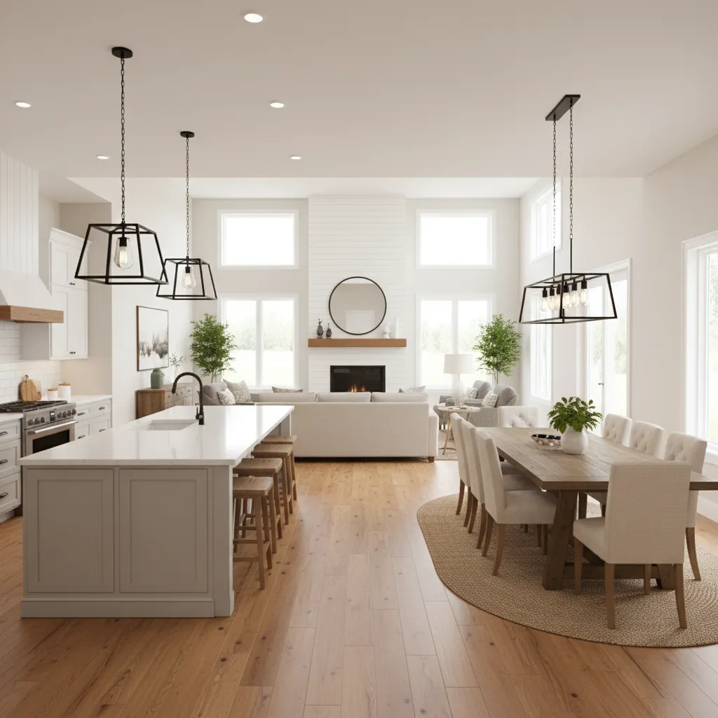 Open main floor layout of a ranch home connecting living room, kitchen, and dining