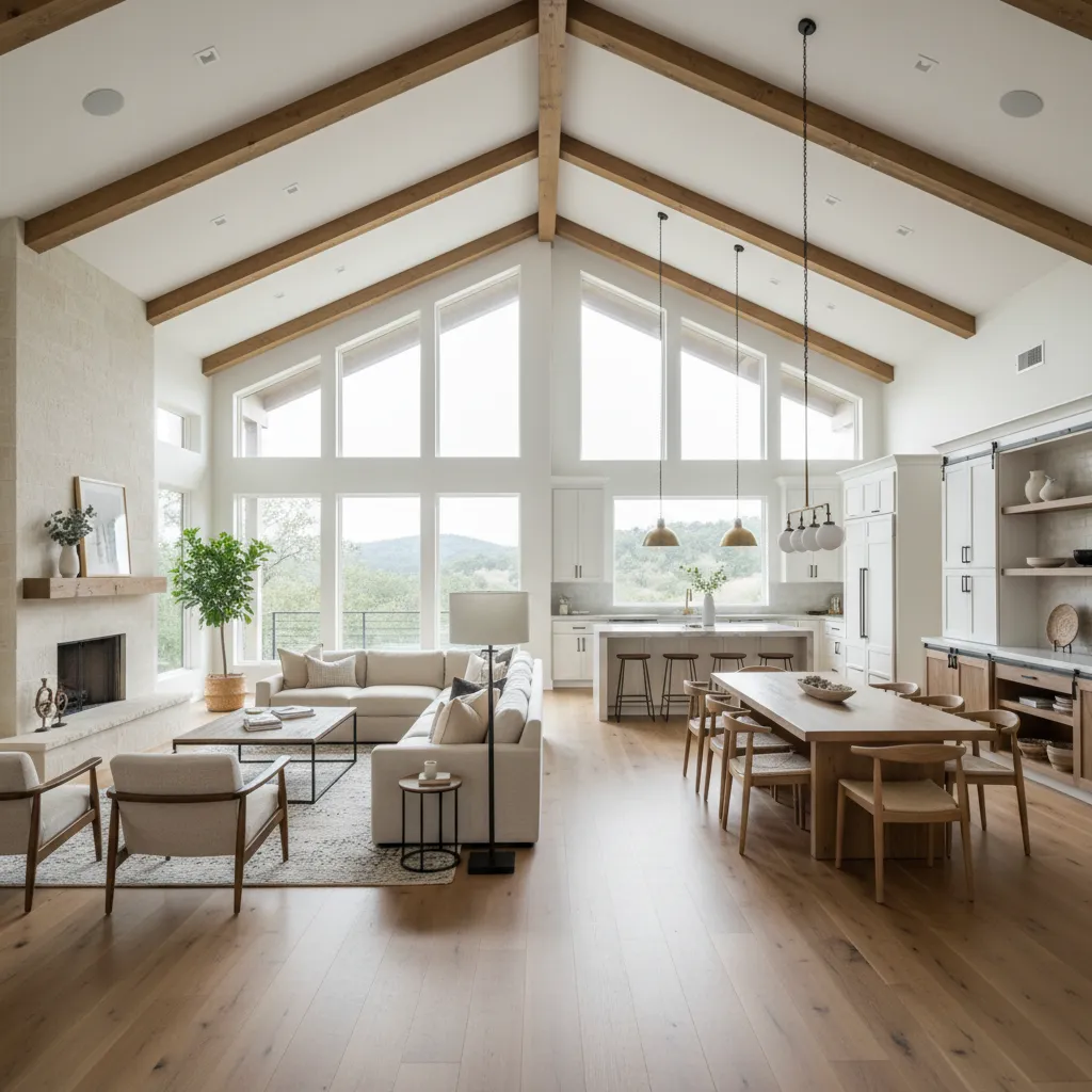 open floor plan interior of a large ranch style house showing living dining and kitchen areas