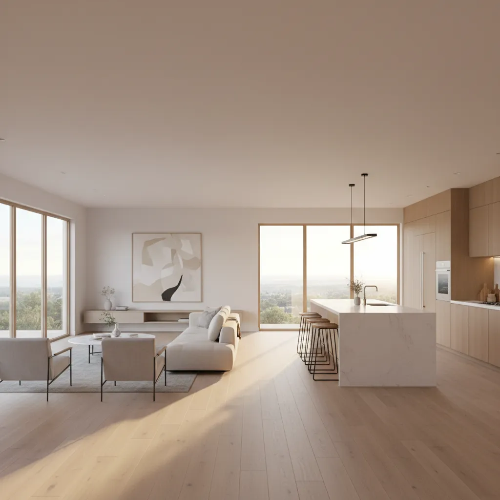 Open concept living room and kitchen in a large ranch style house