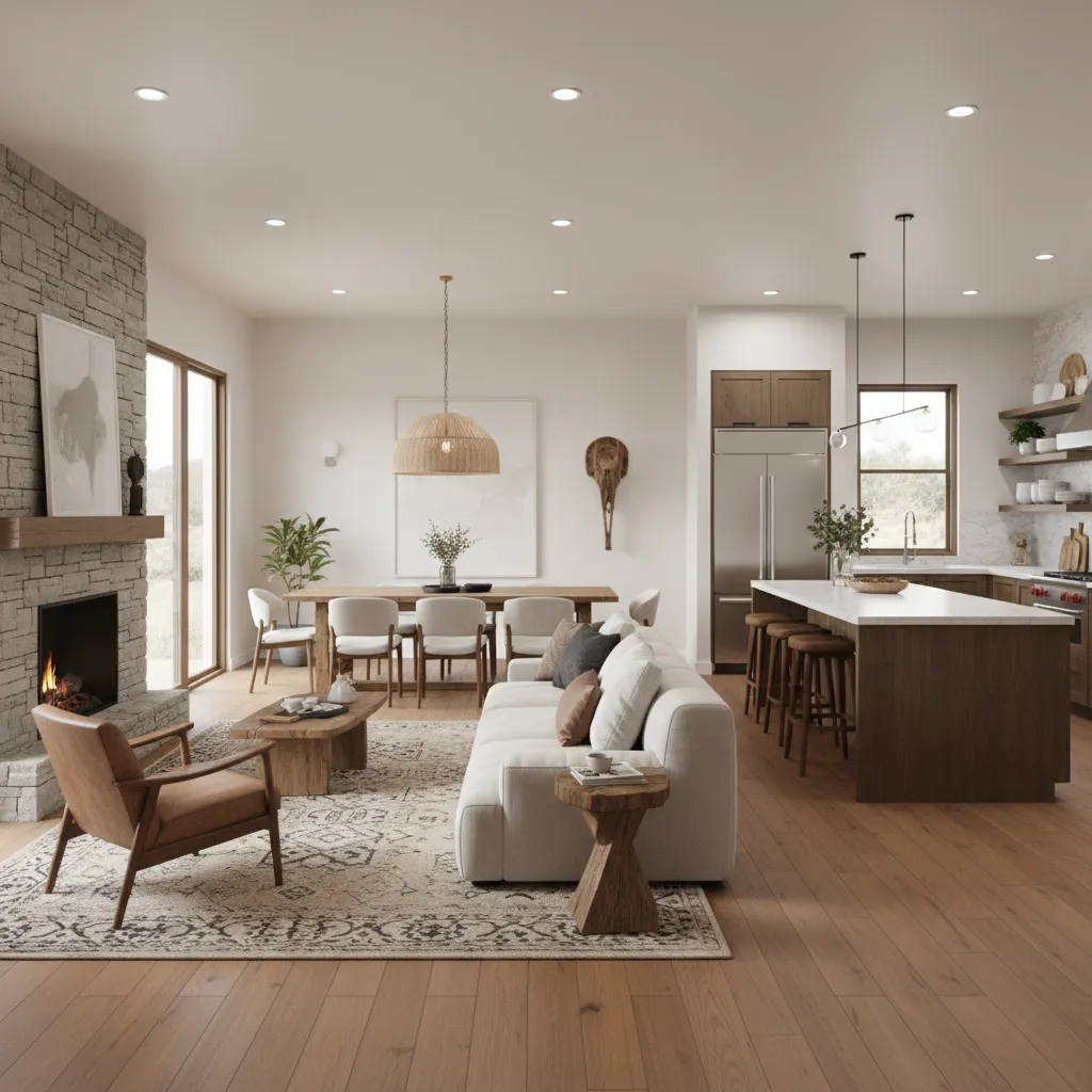 Ranch open floor plan zoning using rugs and furniture placement