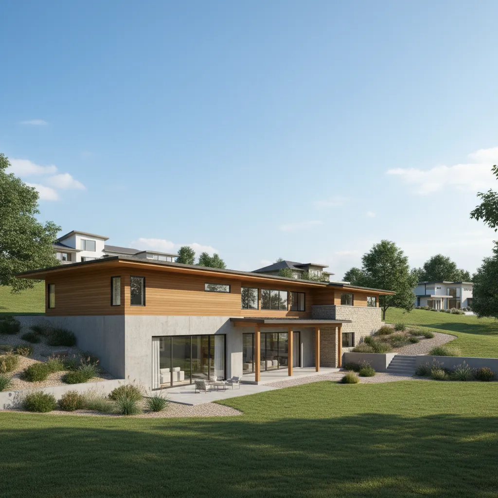 Modern ranch house exterior with visible basement level built into a gentle slope