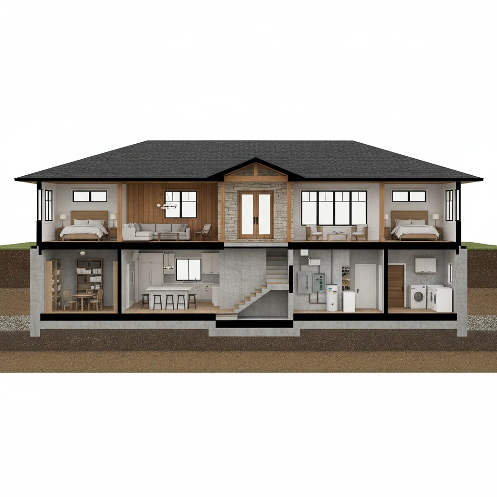 cutaway ranch home showing full basement structure under main floor