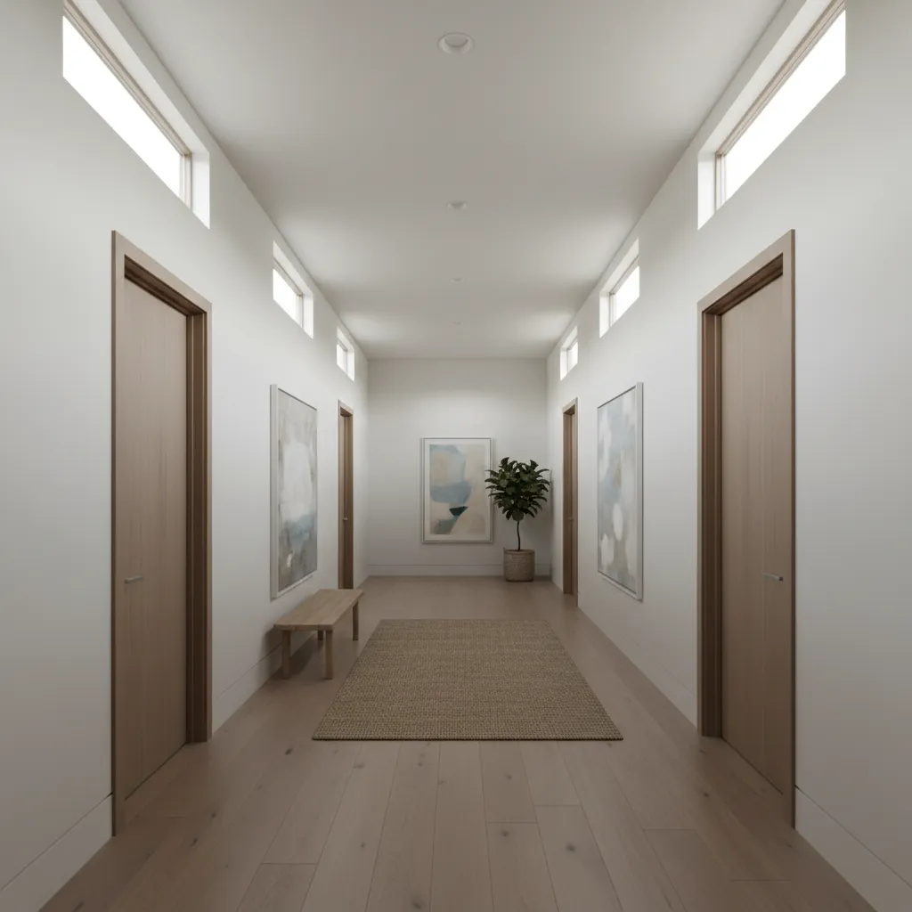Bedroom wing hallway layout in a large ranch style house