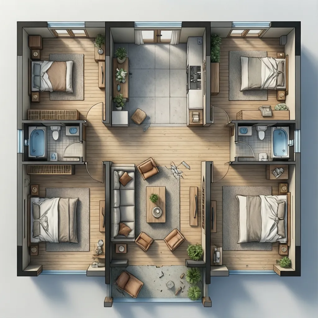efficient ranch home floor plan with central living area and clustered bedrooms
