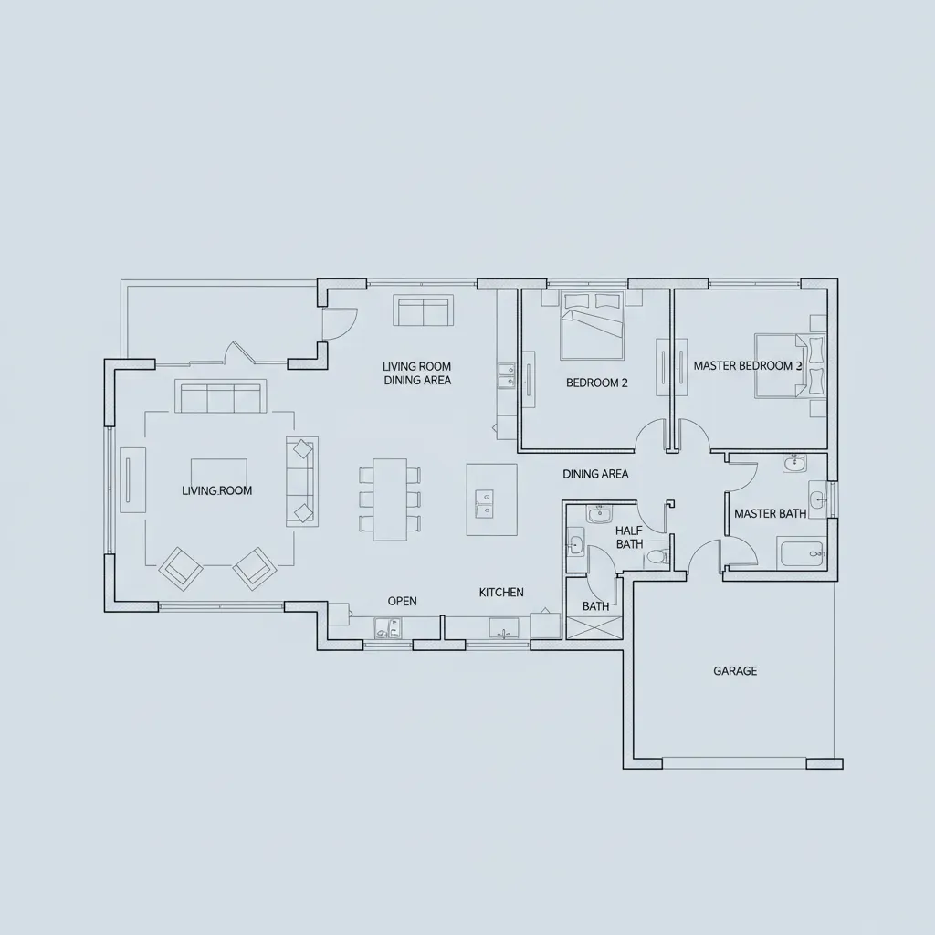 Plano arquitectónico de casa de rancho con distribución simple