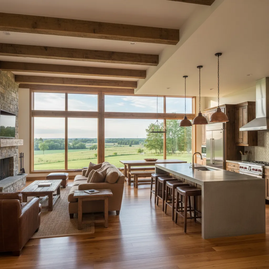 Interior de casa de rancho con sala y cocina abierta
