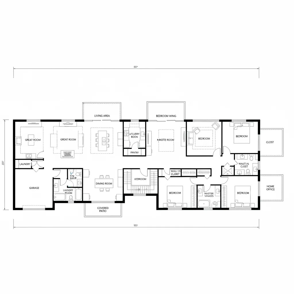 Top view floor plan showing wide footprint of a 3500 sq ft ranch house