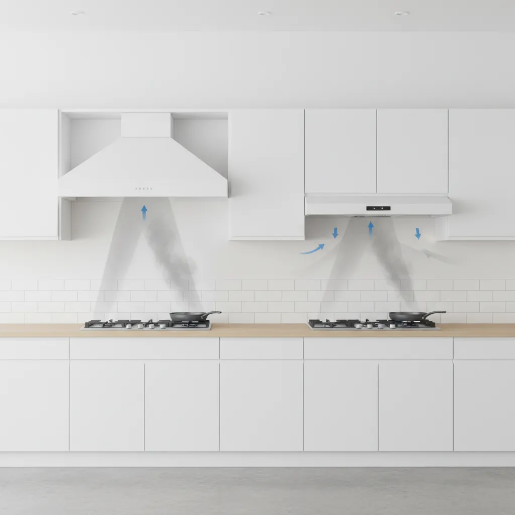 Kitchen hood capture area comparison showing wider insert hood coverage above cooktop