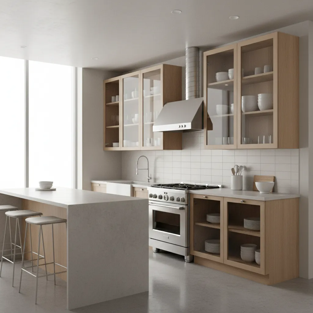 diagram style view showing insert hood cabinet and ventilation duct layout in residential kitchen