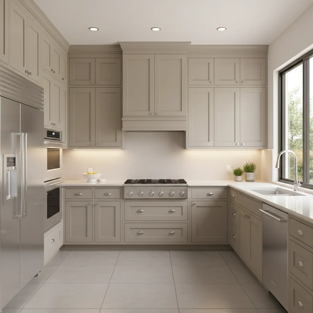 Kitchen showing enclosed hood cabinet installation above a gas cooktop