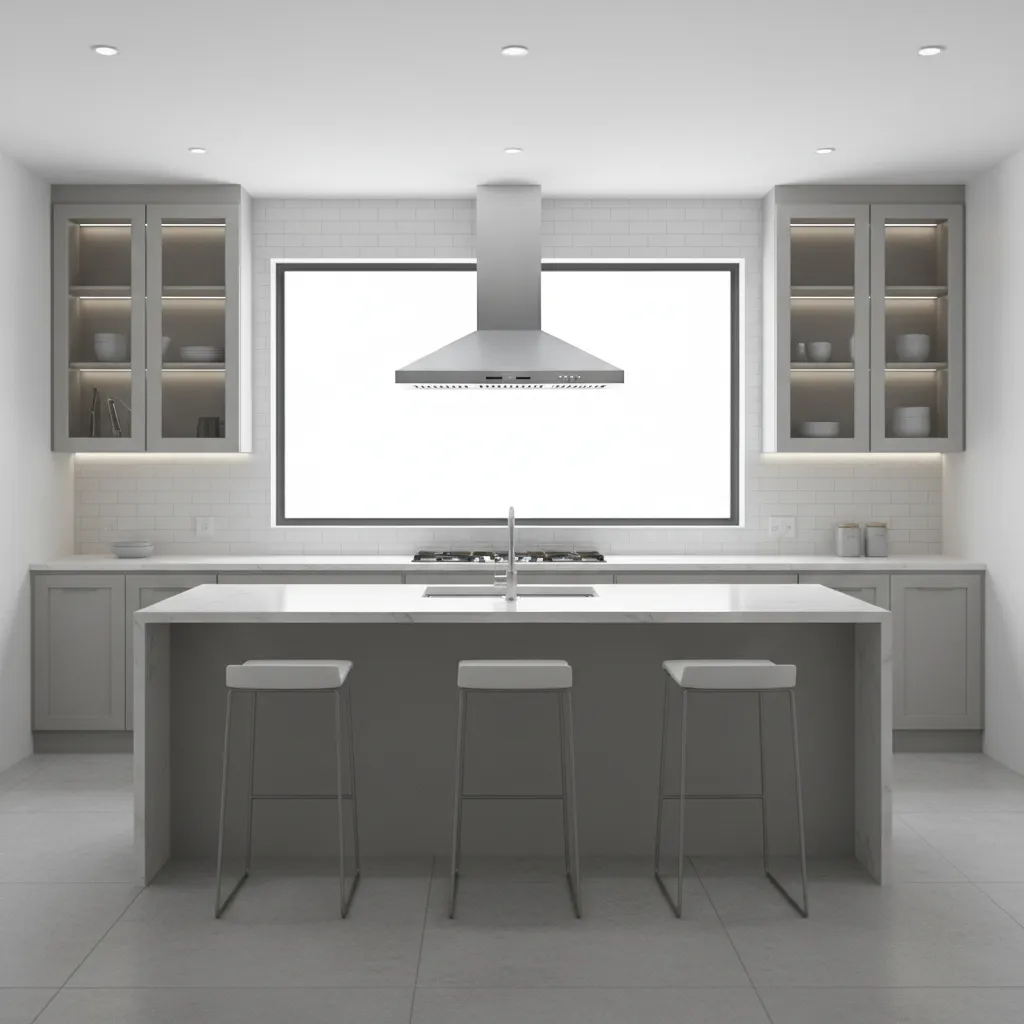 Kitchen showing proper clearance between cooktop, range hood, and cabinets