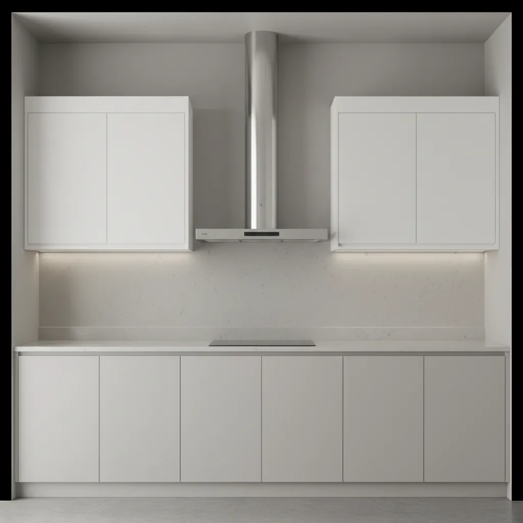 Straight vertical duct routing through kitchen hood cabinet