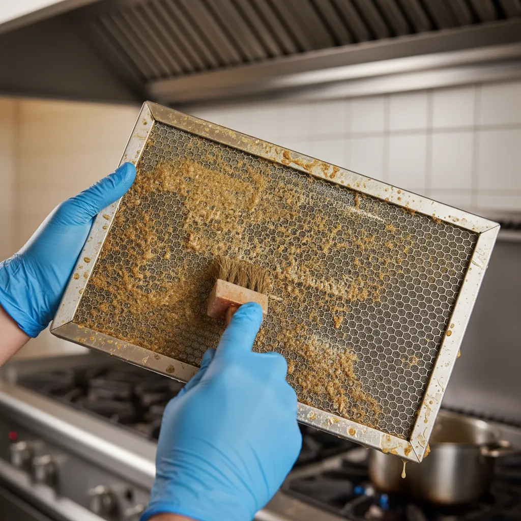 Close up of greasy range hood filter showing buildup