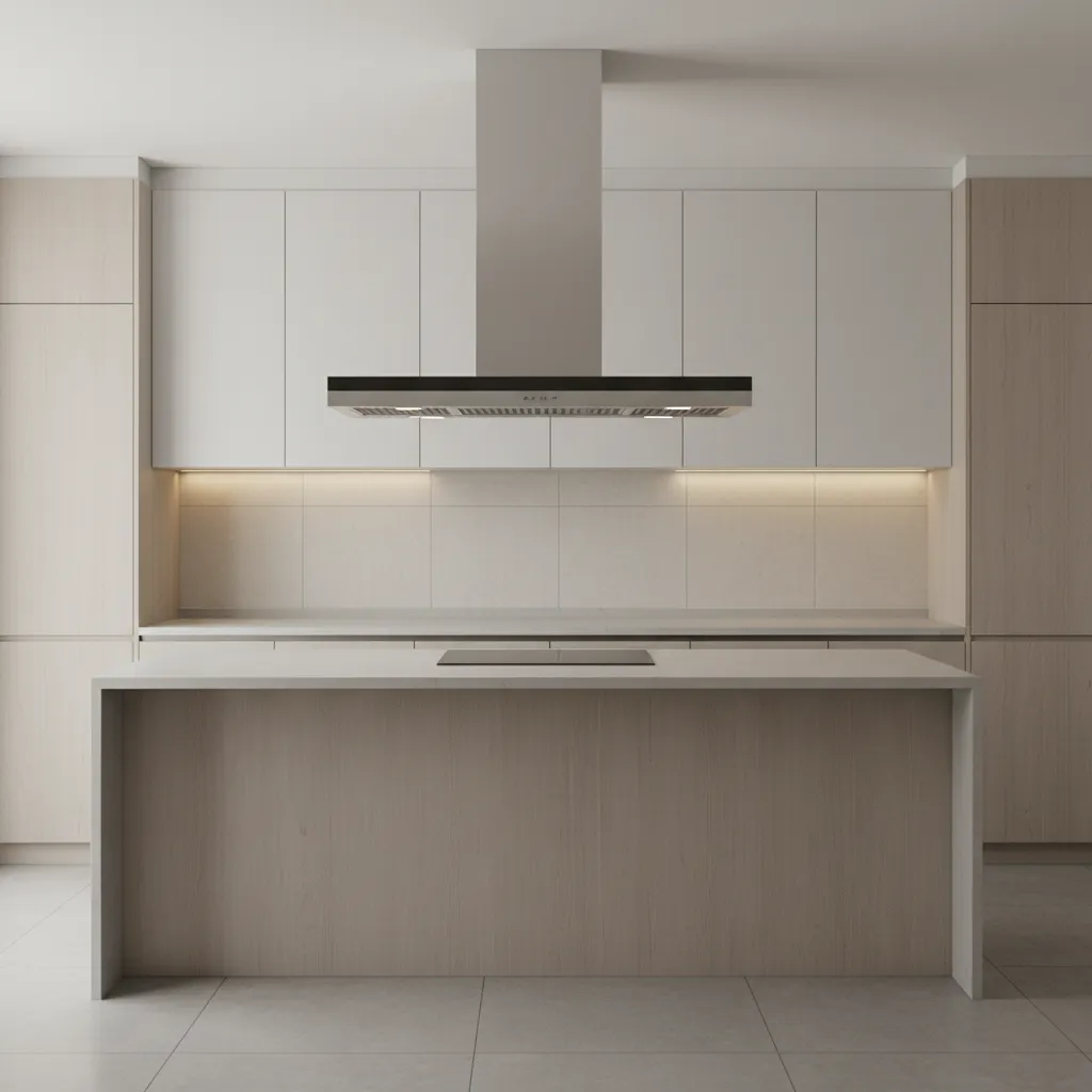 Illustration showing range hood wider than cooktop for better ventilation capture