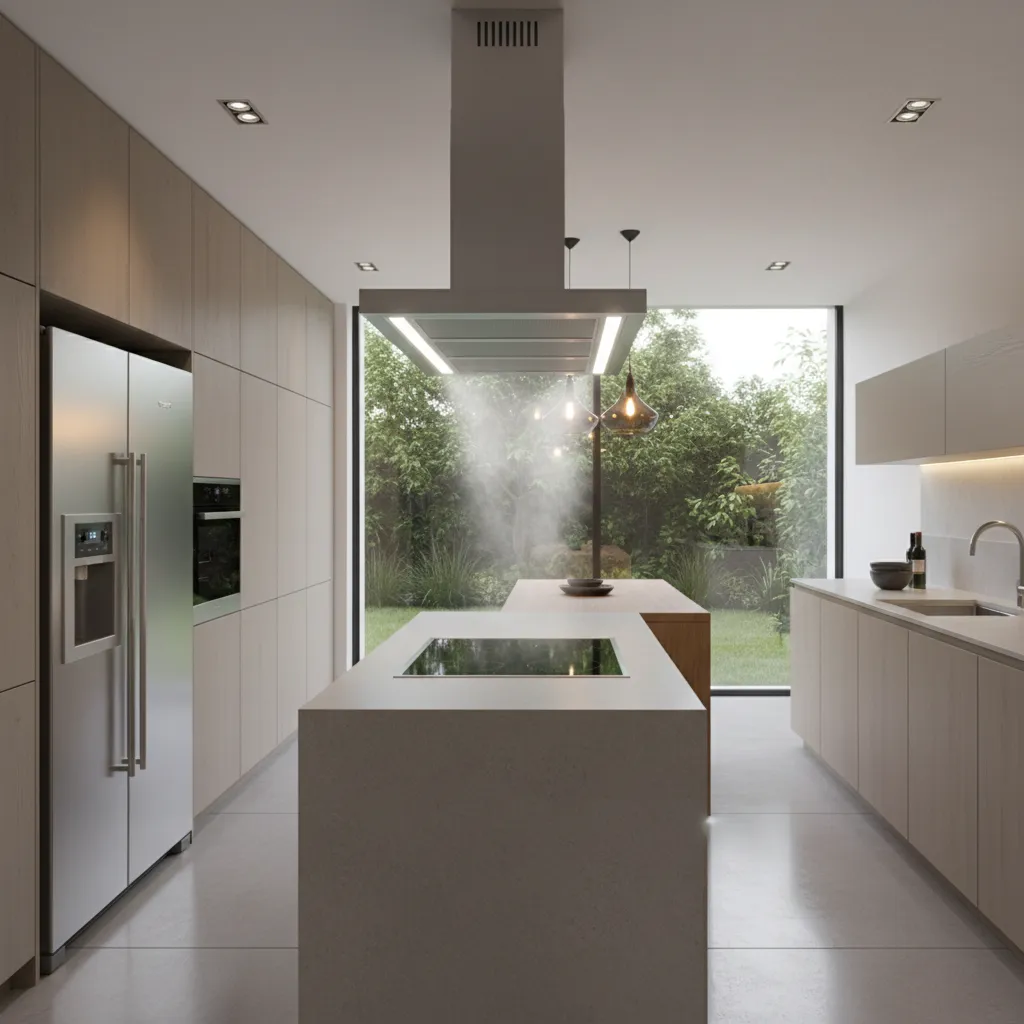 Kitchen with smoke lingering under cabinet mounted range hood