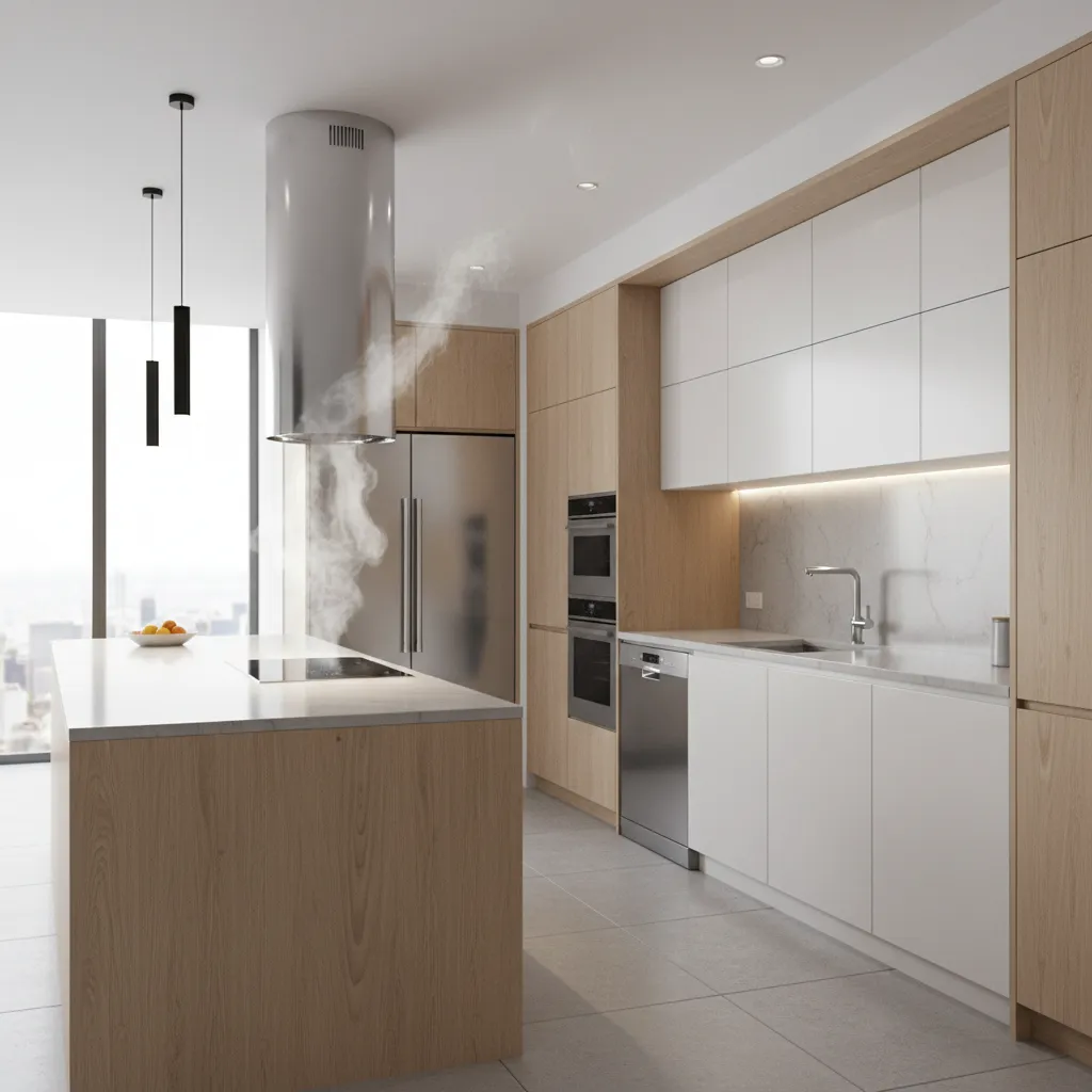 Modern range hood capturing smoke above stove in a contemporary kitchen