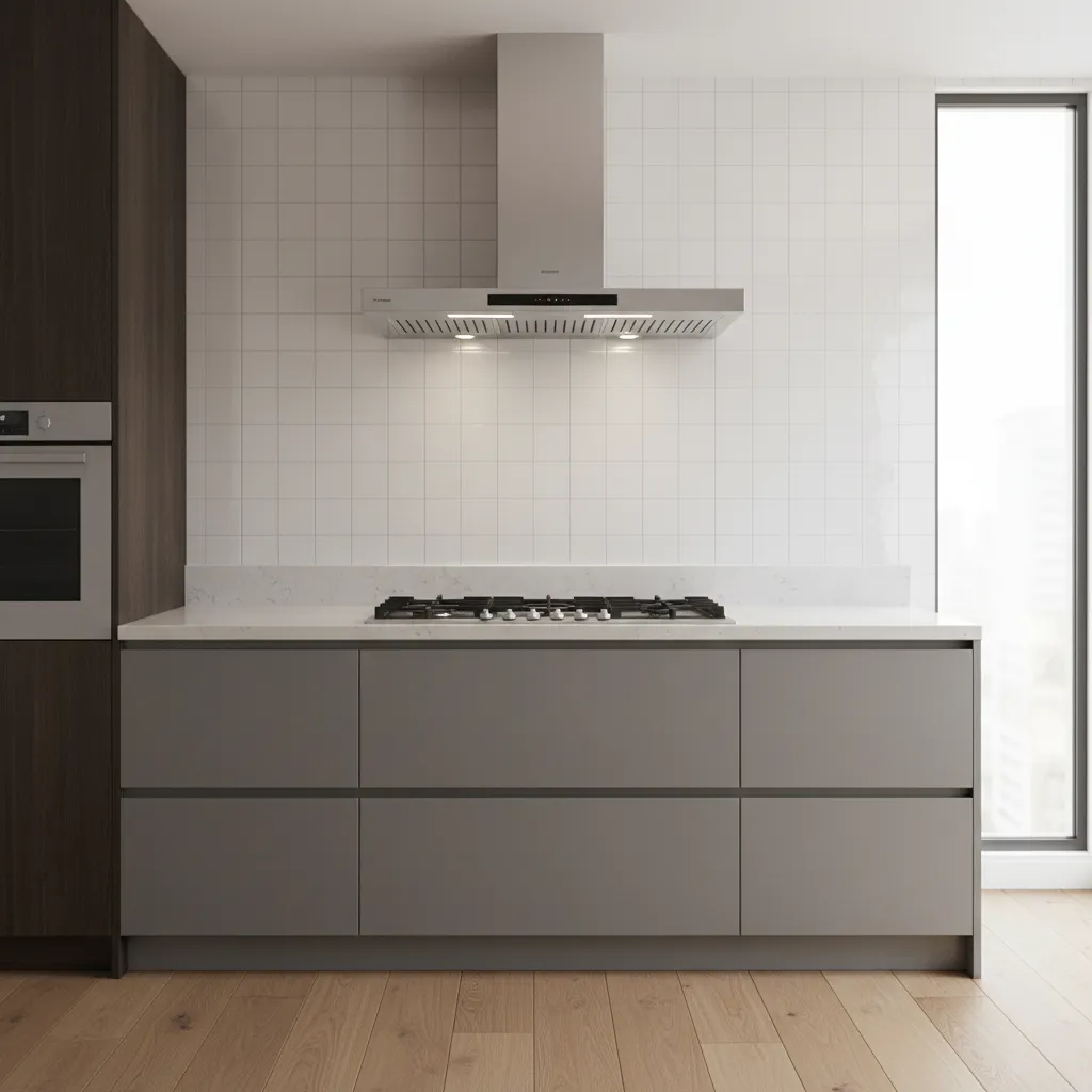 Modern kitchen with grey cabinets white tile wall stainless steel range hood and wooden floor