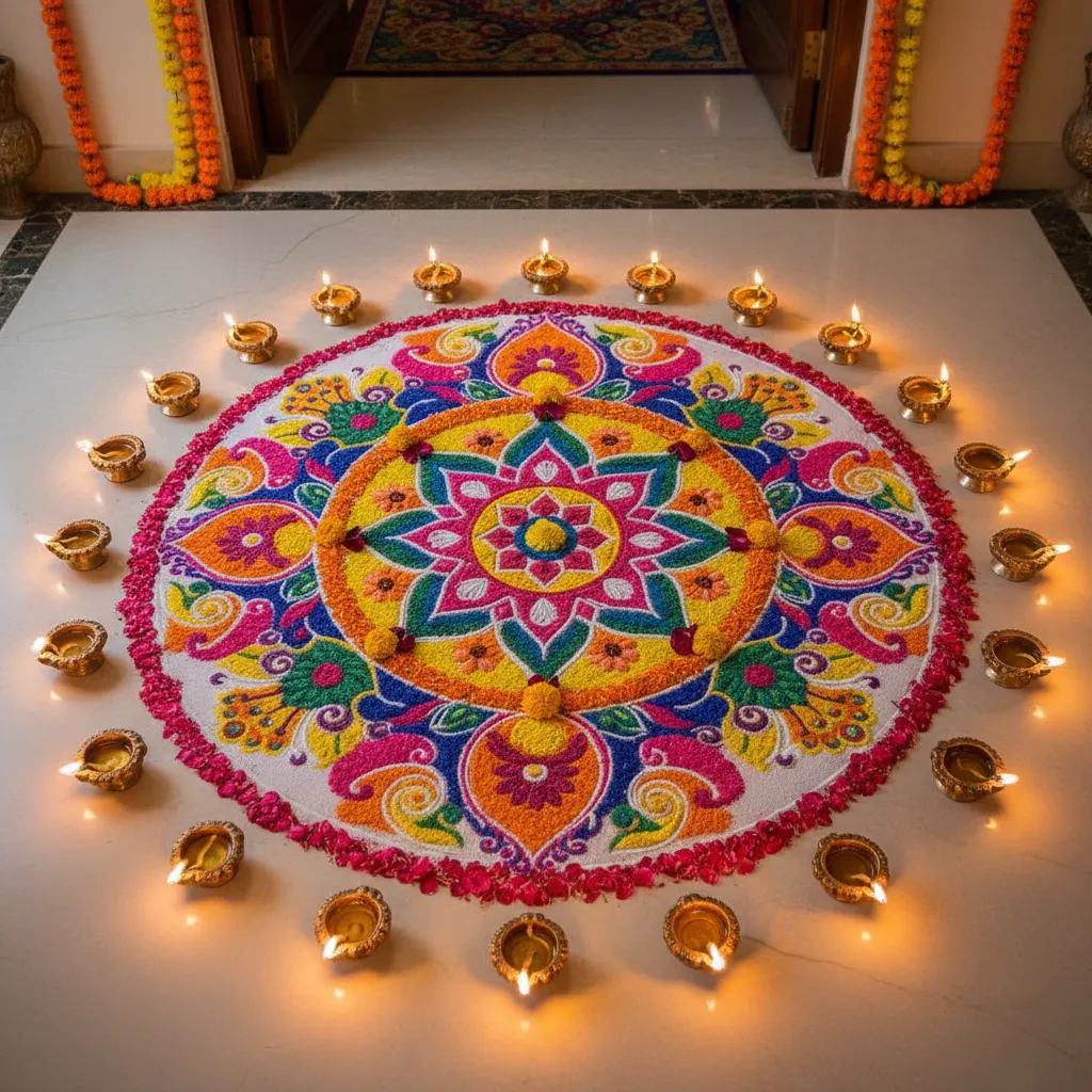 traditional rangoli design with flower petals at baby shower entrance