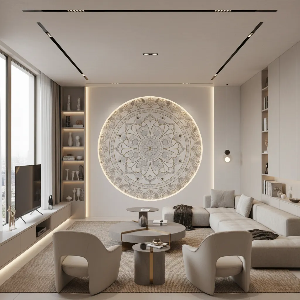 large rangoli statement wall behind sofa in contemporary living room