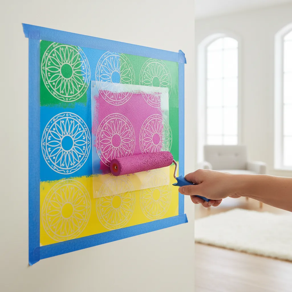 Using stencil and acrylic paint to create precise wall rangoli pattern