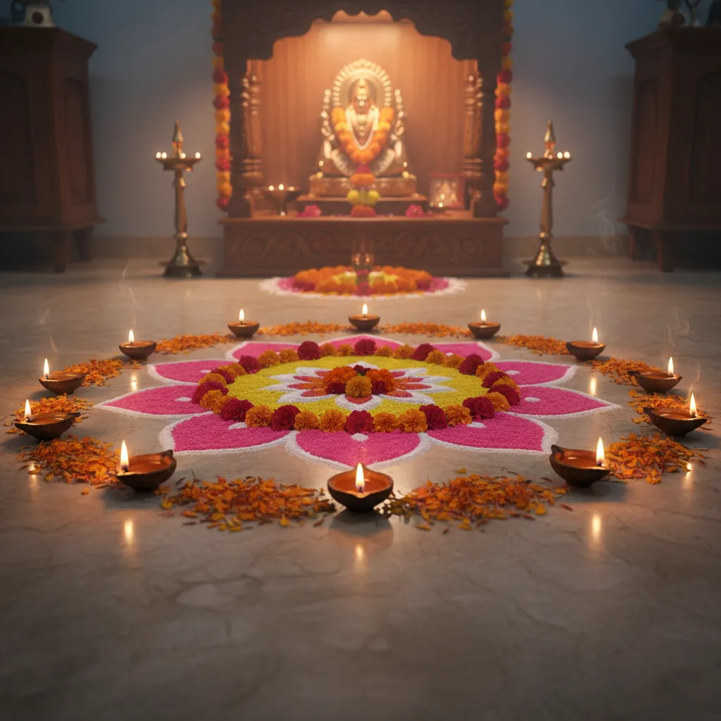 Simple lotus rangoli with diyas at Varalakshmi pooja entrance