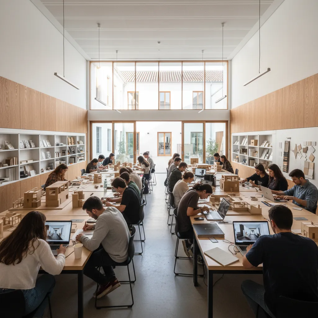 Students using laptops for interior design drawing projects at long wooden tables in bright room