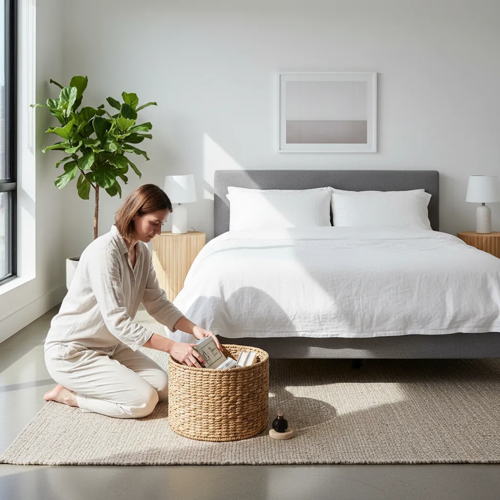 person placing miscellaneous items into a basket during quick declutter sweep