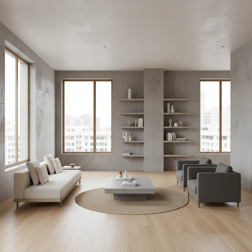 Minimalist living room with beige sofa, grey armchairs, round rug, wooden floor, and wall shelves