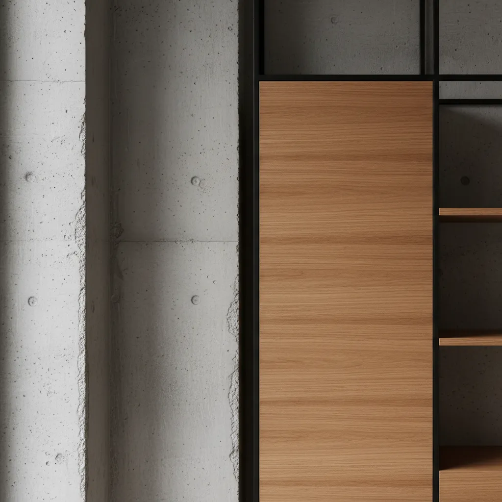 Close up of Coohom wood cabinet with black metal frame and a textured concrete wall