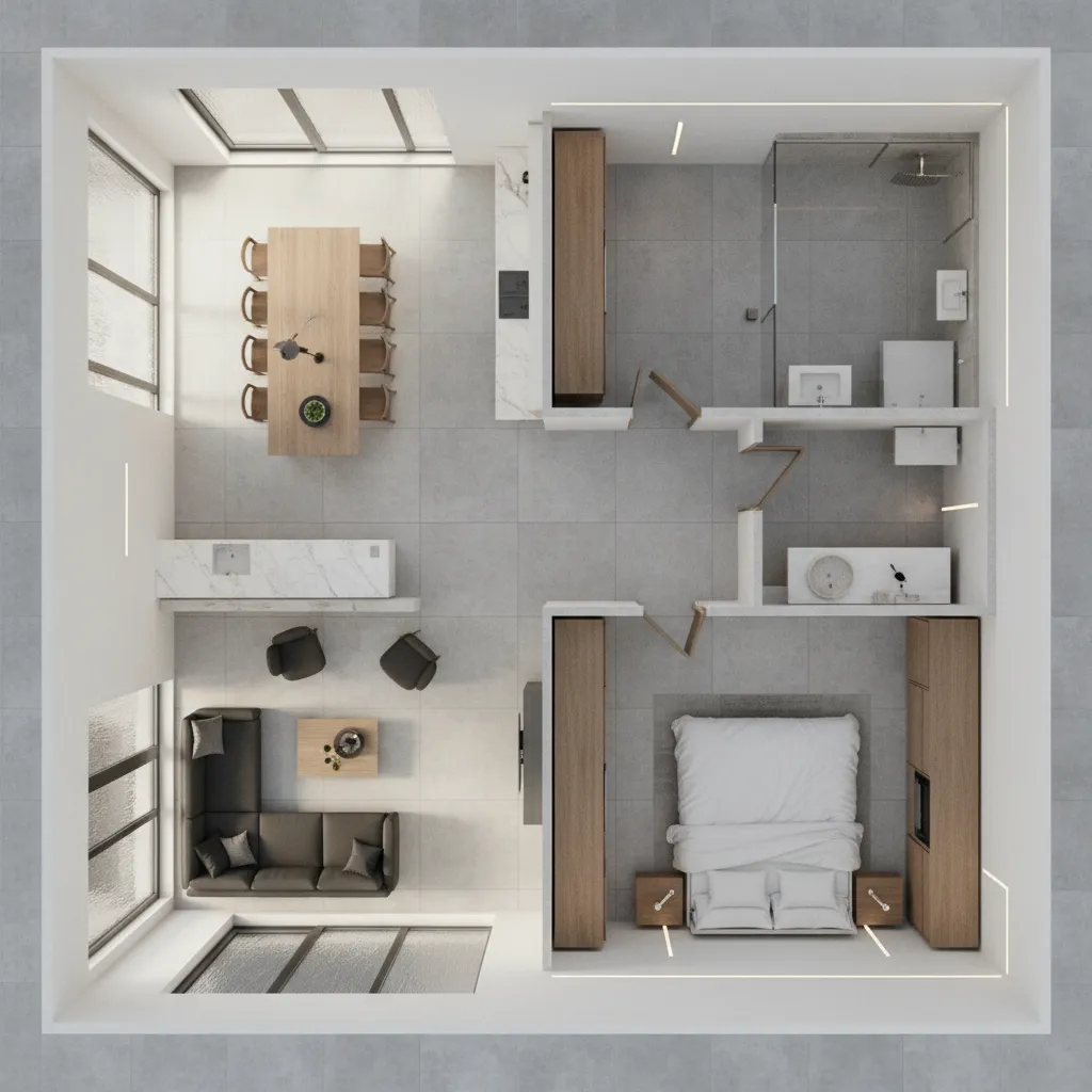 Coohom 3D room layout showing modern apartment with living room kitchen bedroom and white bathroom