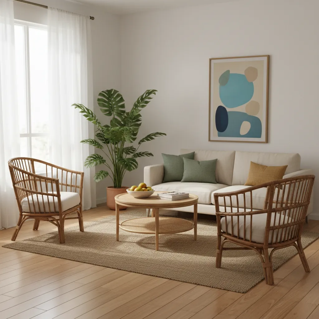 Rattan and cane furniture used in a small Cuban inspired apartment layout