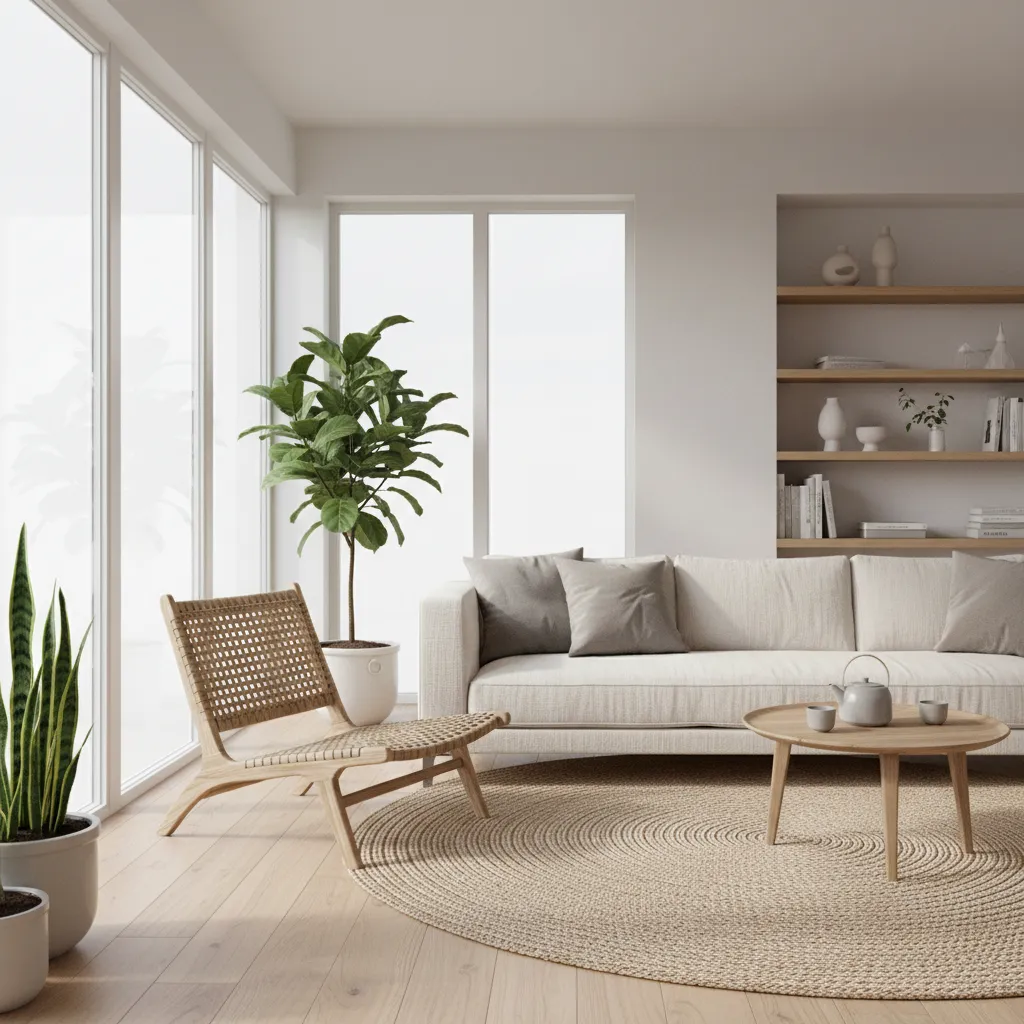 rattan outdoor lounge chair styled inside a cozy modern living room