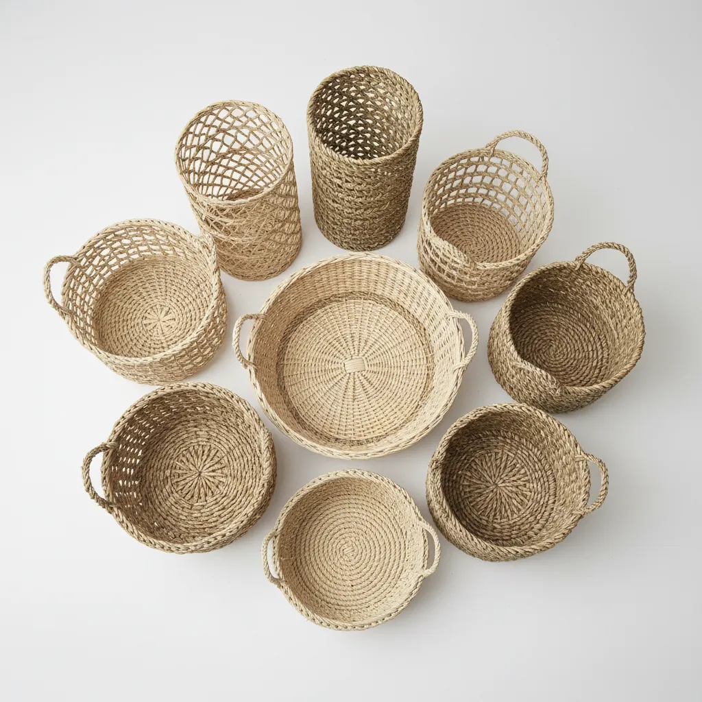 Close view of rattan, seagrass, and wicker decorative baskets