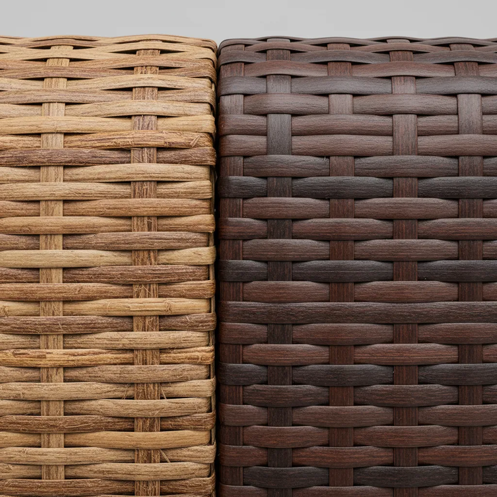 Close up comparison of natural rattan weave and synthetic resin wicker texture