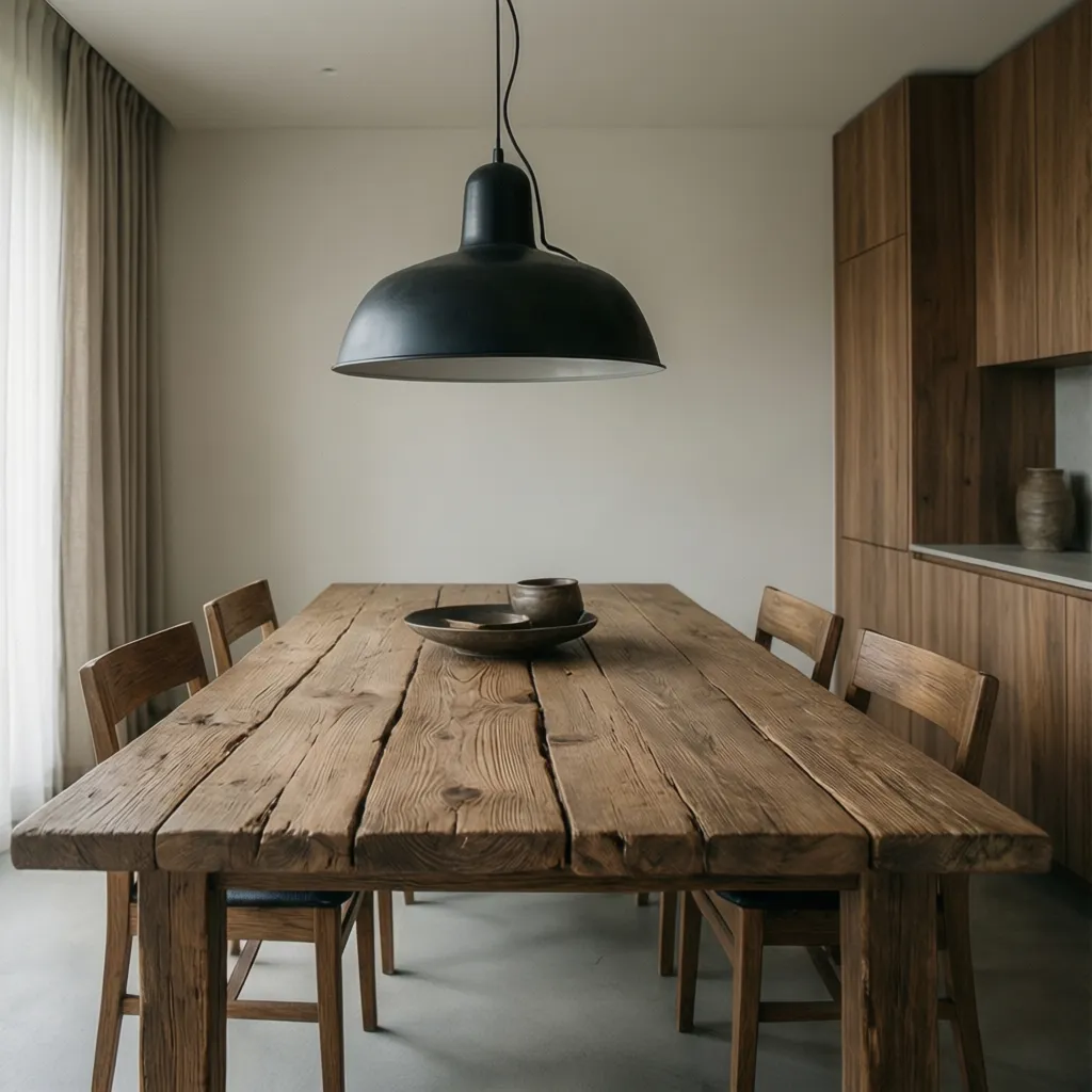 Mesa de madera maciza y lámpara de acero en interior moderno