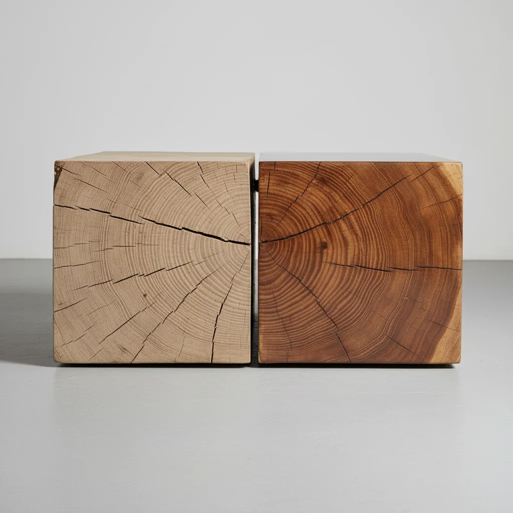 Comparison of unfinished and finished wood stump table surfaces