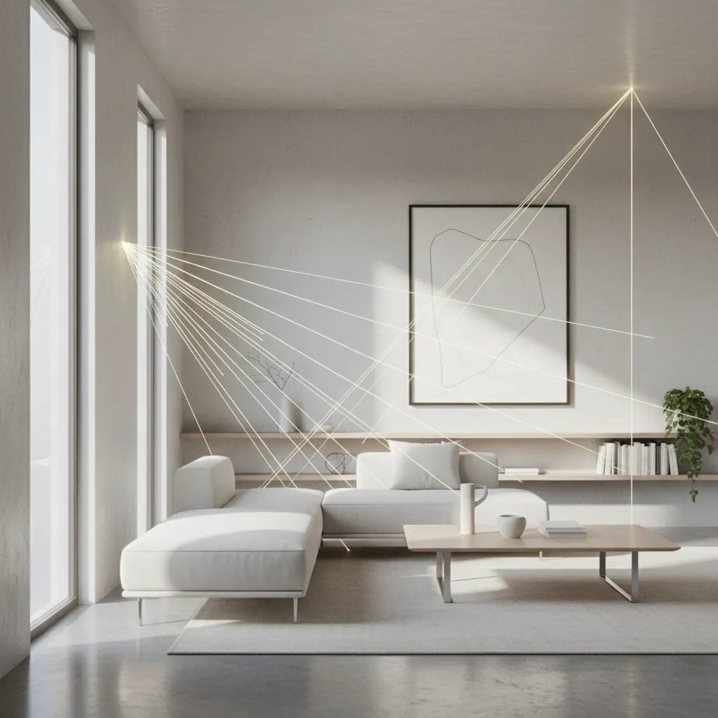 ray tracing light bounce simulation inside modern living room rendering