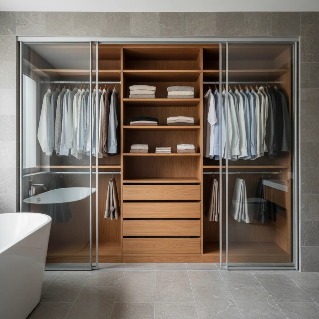 Reach in closet with sliding doors along a bathroom wall with organized storage