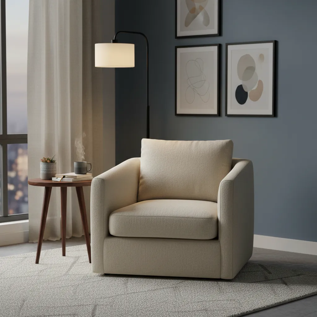Rincón de lectura con sillón cómodo y lámpara