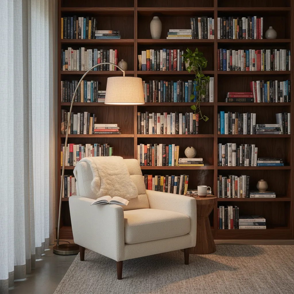 Rincón de lectura con sillón y estanterías llenas de libros