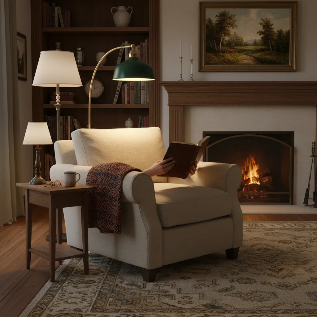 Đèn đọc sách đặt cạnh ghế với ánh sáng ấm trong phòng đọc