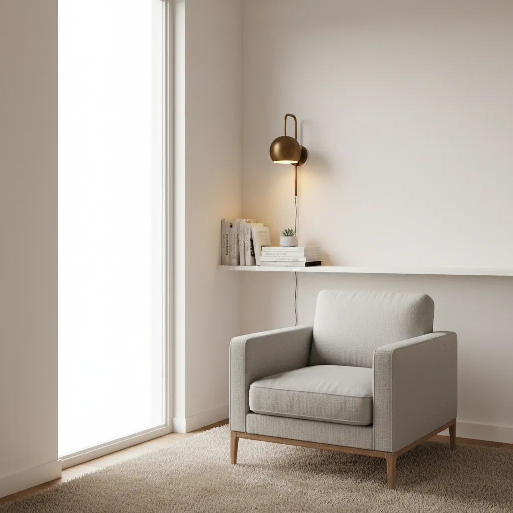 Bedroom reading chair with floating shelf for books