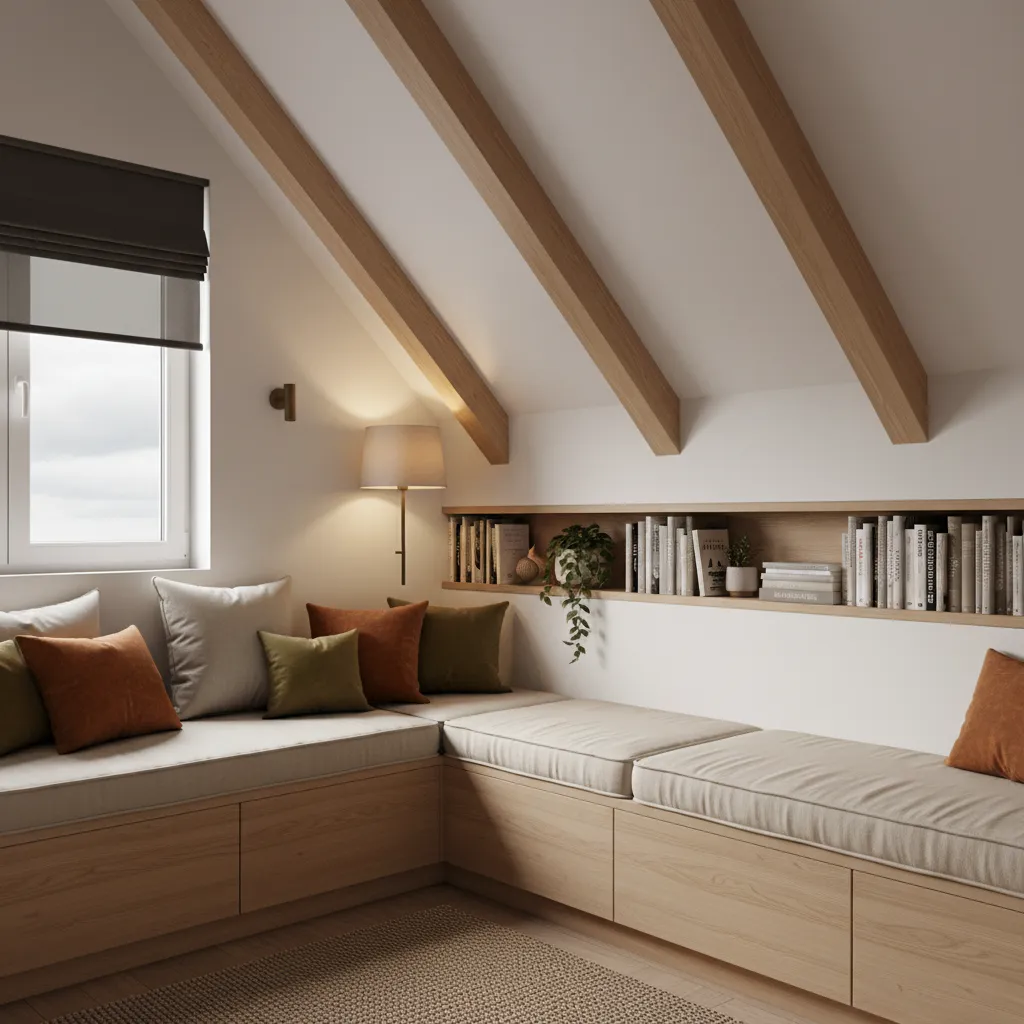 Cozy reading nook with built-in bench under slanted ceiling