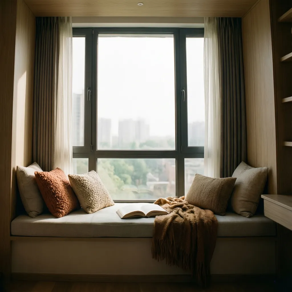 Rincón de lectura con banco bajo ventana y luz natural