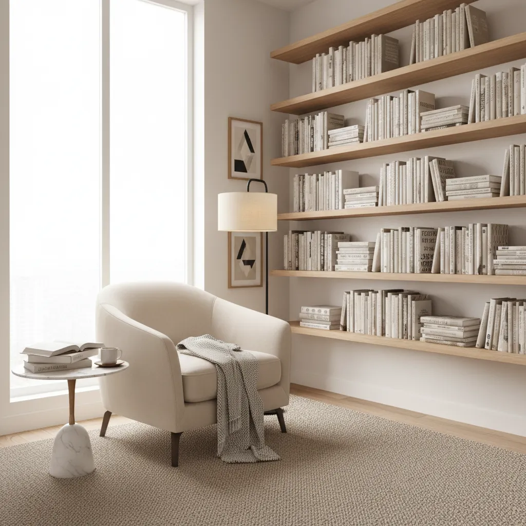 Bố cục phòng đọc sách với ghế đọc gần cửa sổ và kệ sách dọc tường