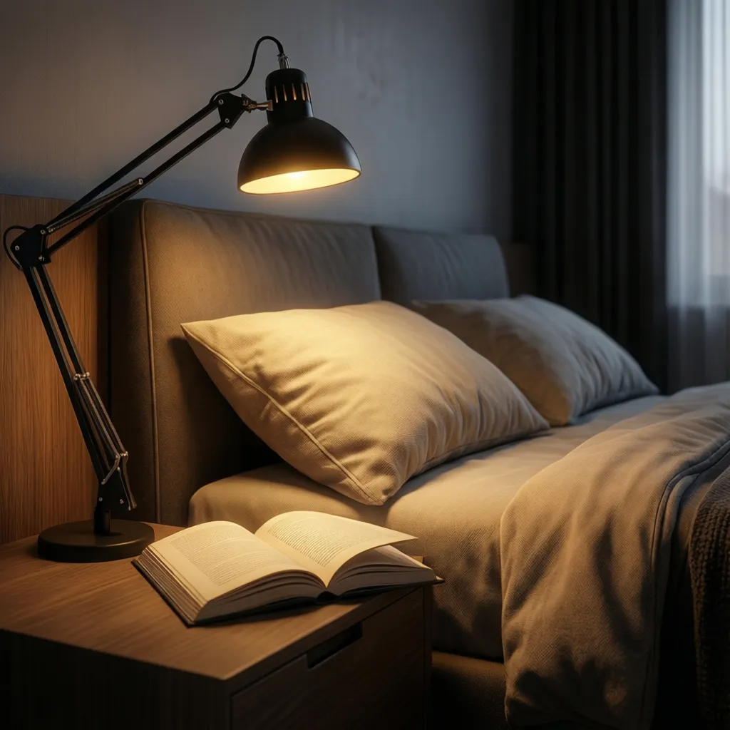 Adjustable bedside wall sconce angled downward to illuminate a book for reading in bed
