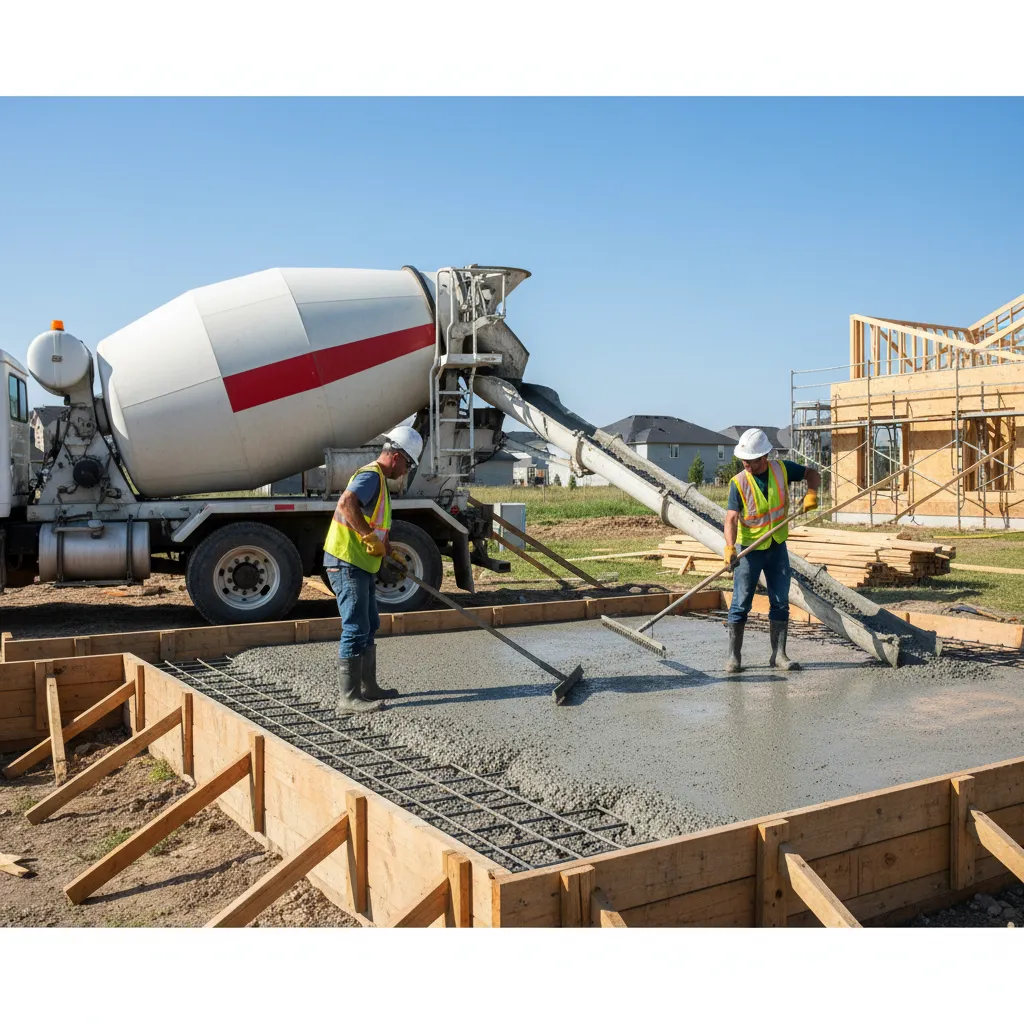 Ready mix concrete truck pouring concrete into residential slab formwork